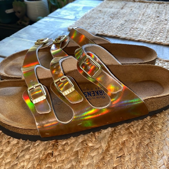 Birkenstock Shoes - 🌈 Holographic Gold Birkenstock Florida Sandals